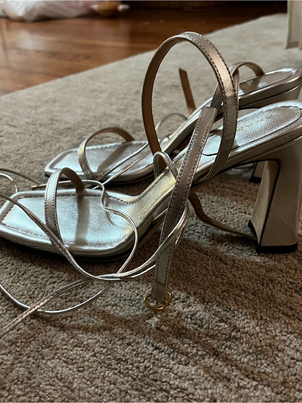 Frame Denim Metallic Silver Strappy Block Heel Sandals